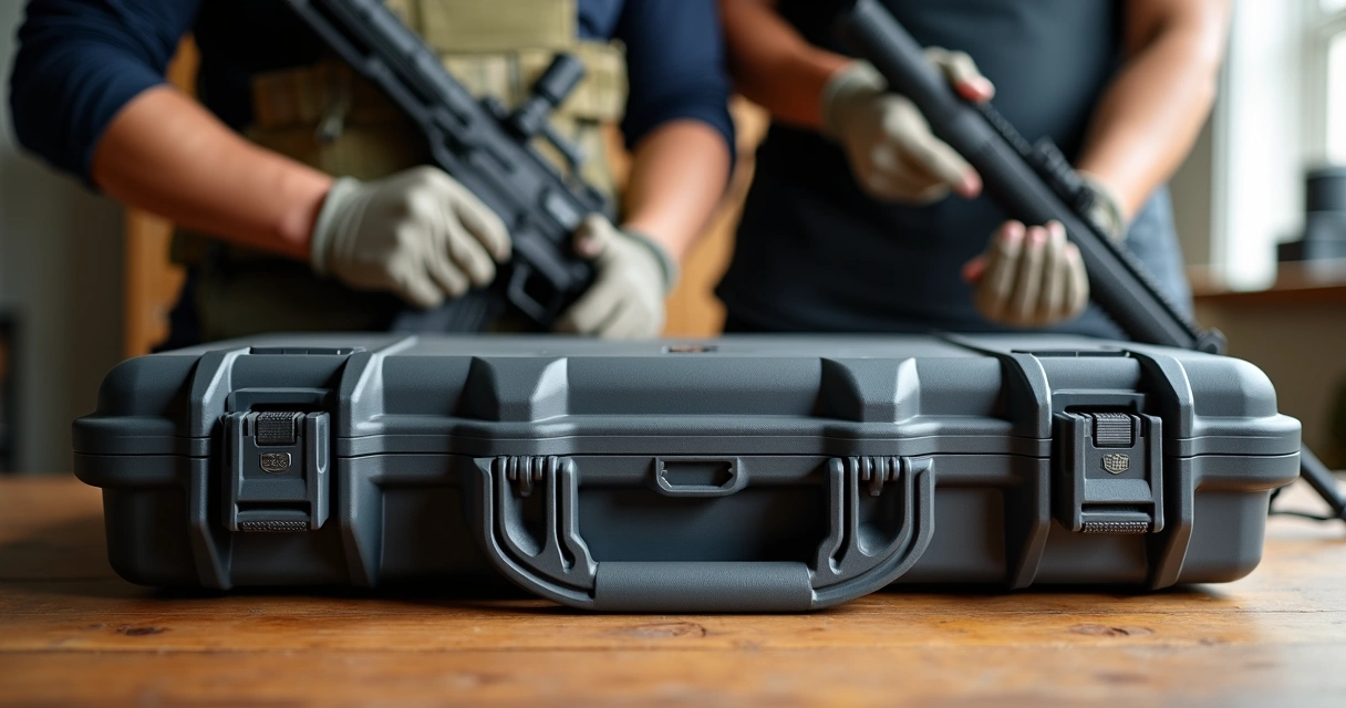Case rígido de airsoft fechado sobre uma mesa de madeira