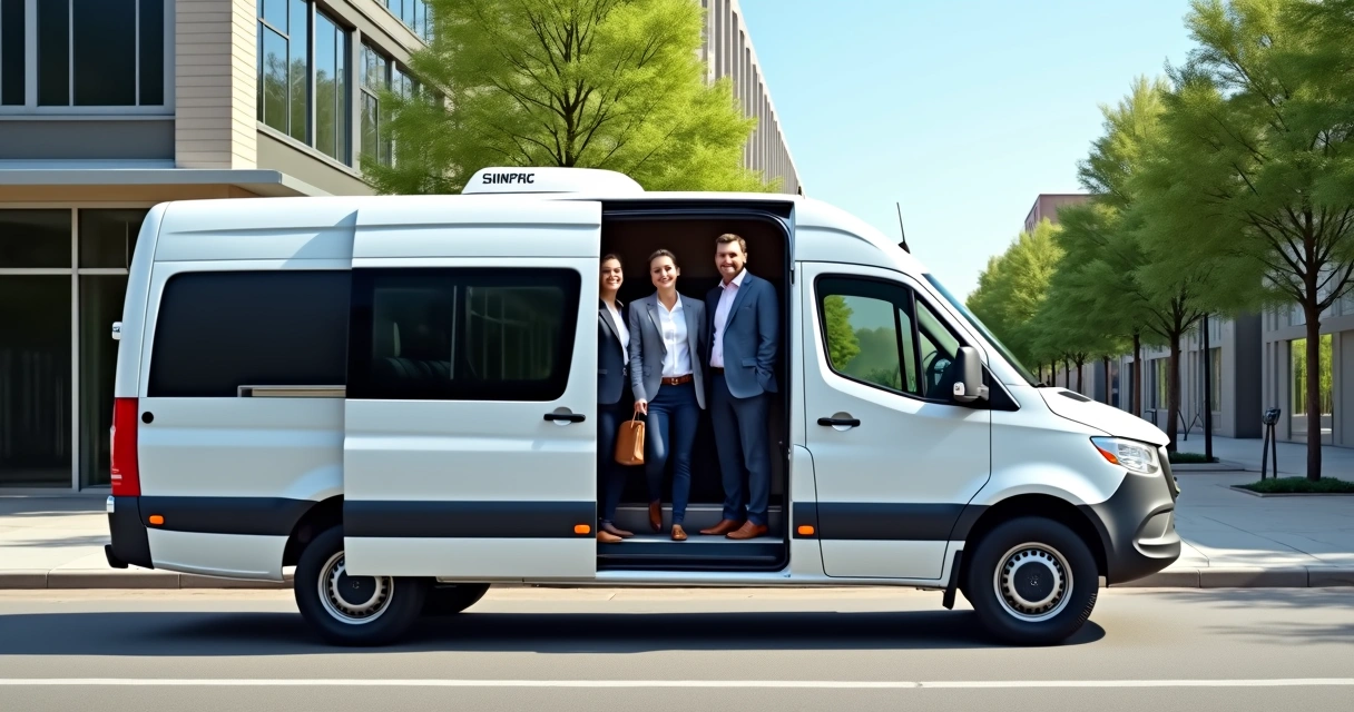 Van branca de transporte corporativo parada em via urbana, com colaboradores entrando pela porta lateral 