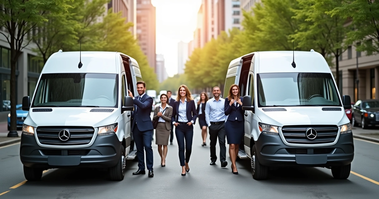 Vans corporativas em fila, transporte seguro com motoristas profissionais e equipe de colaboradores embarcando com comodidade 