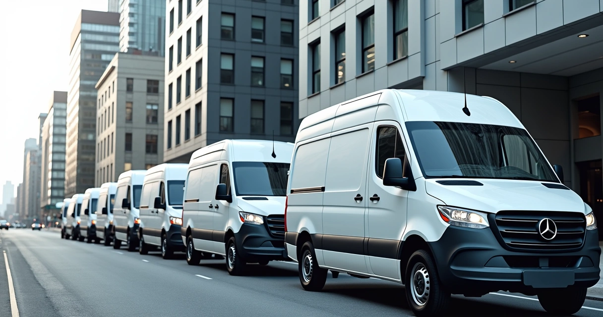 Vans brancas de transporte corporativo estacionadas lado a lado em rua urbana, com prédios ao fundo e céu limpo. 