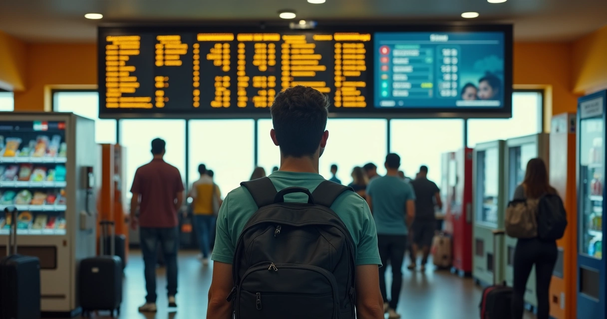 Pessoa aguardando ônibus de viagem em rodoviária.
