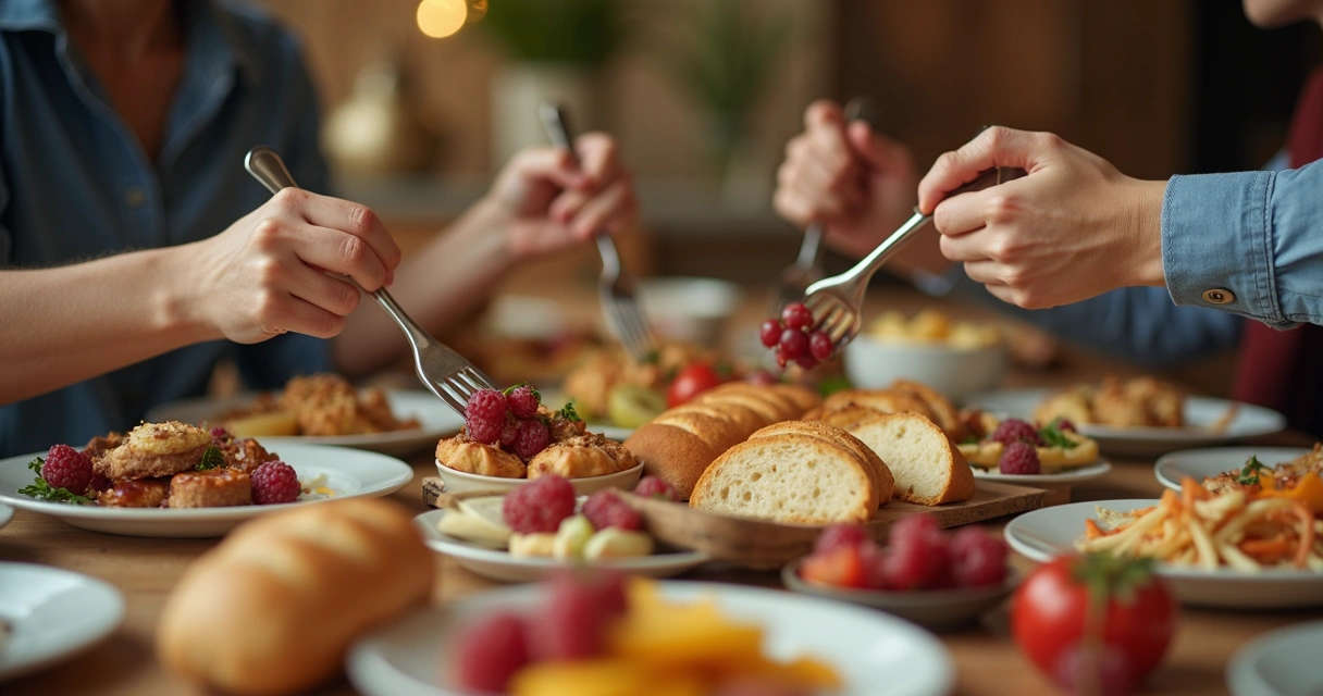 Mesa com alimentos diversos e mãos nervosas segurando talheres 