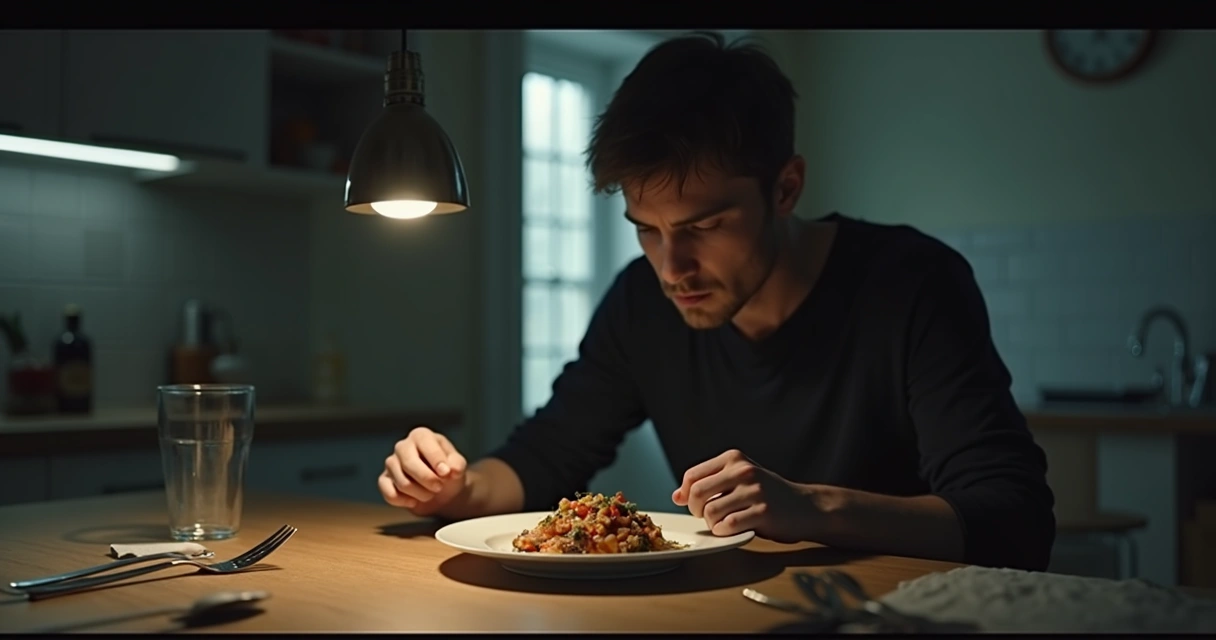 Pessoa sozinha olhando para comida na mesa 
