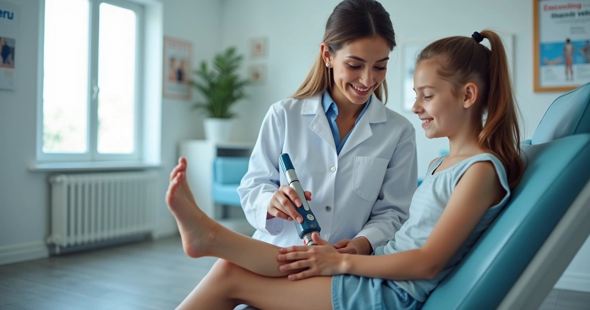 Adolescente em clínica recebendo tratamento a laser para varizes 