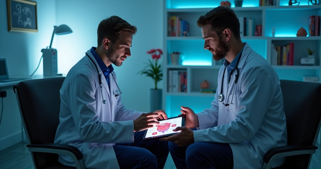 Médico mostrando tratamentos no tablet