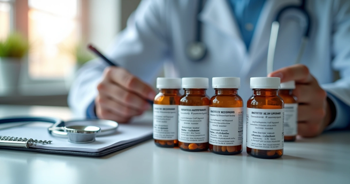 Medicamentos antirretrovirais organizados ao lado de bloco de anotações médicos 
