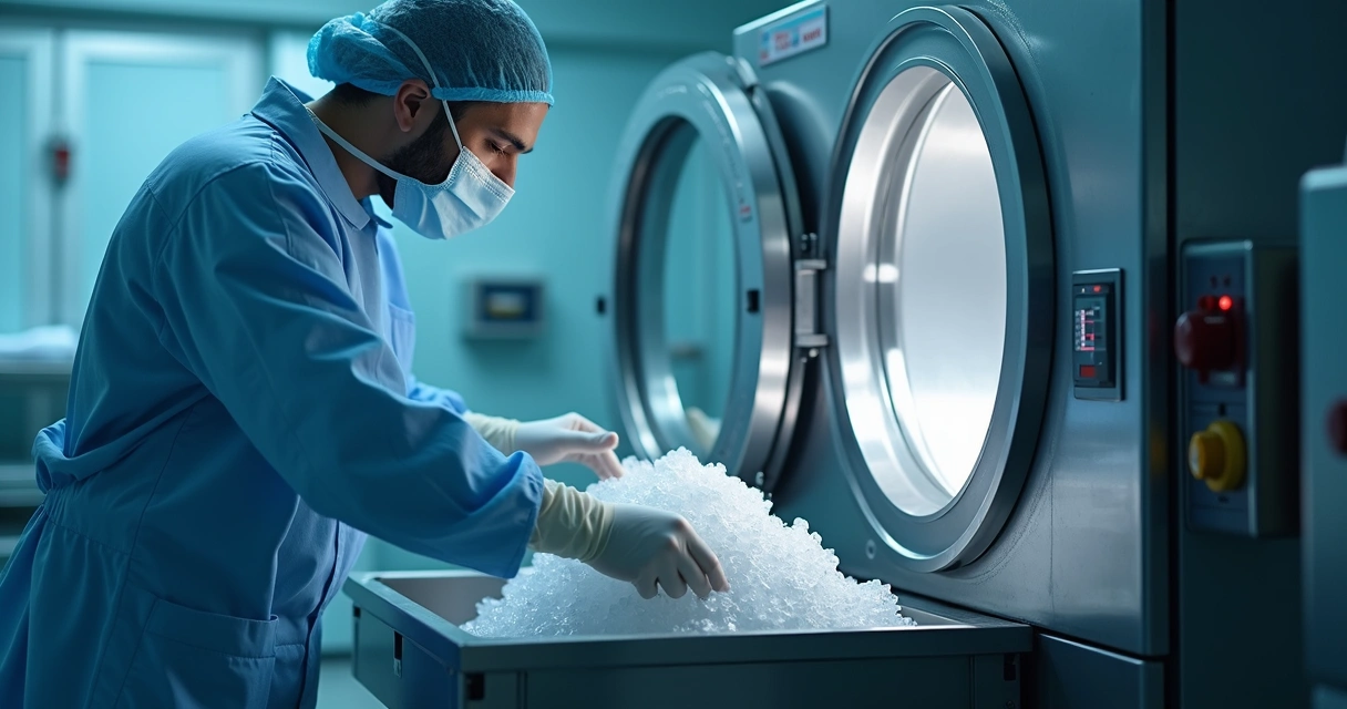 Funcionário operando autoclave para resíduos hospitalares 