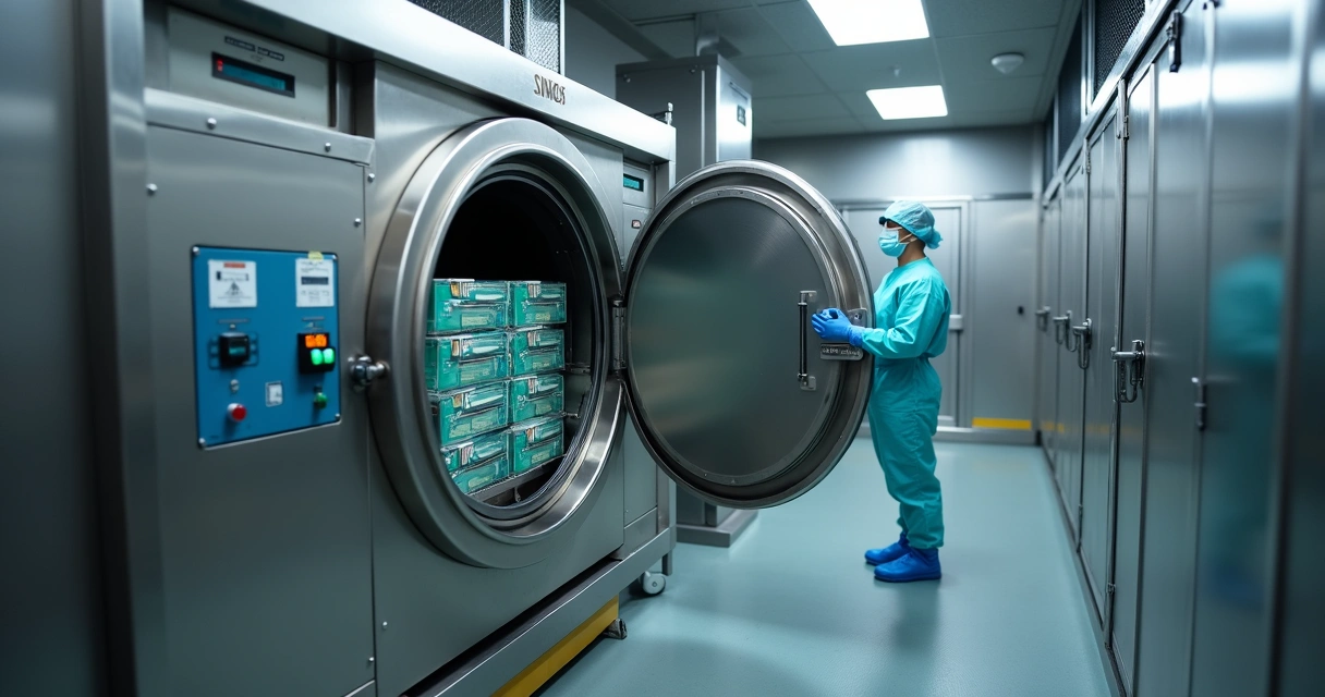 Resíduos hospitalares sendo tratados em autoclave industrial 