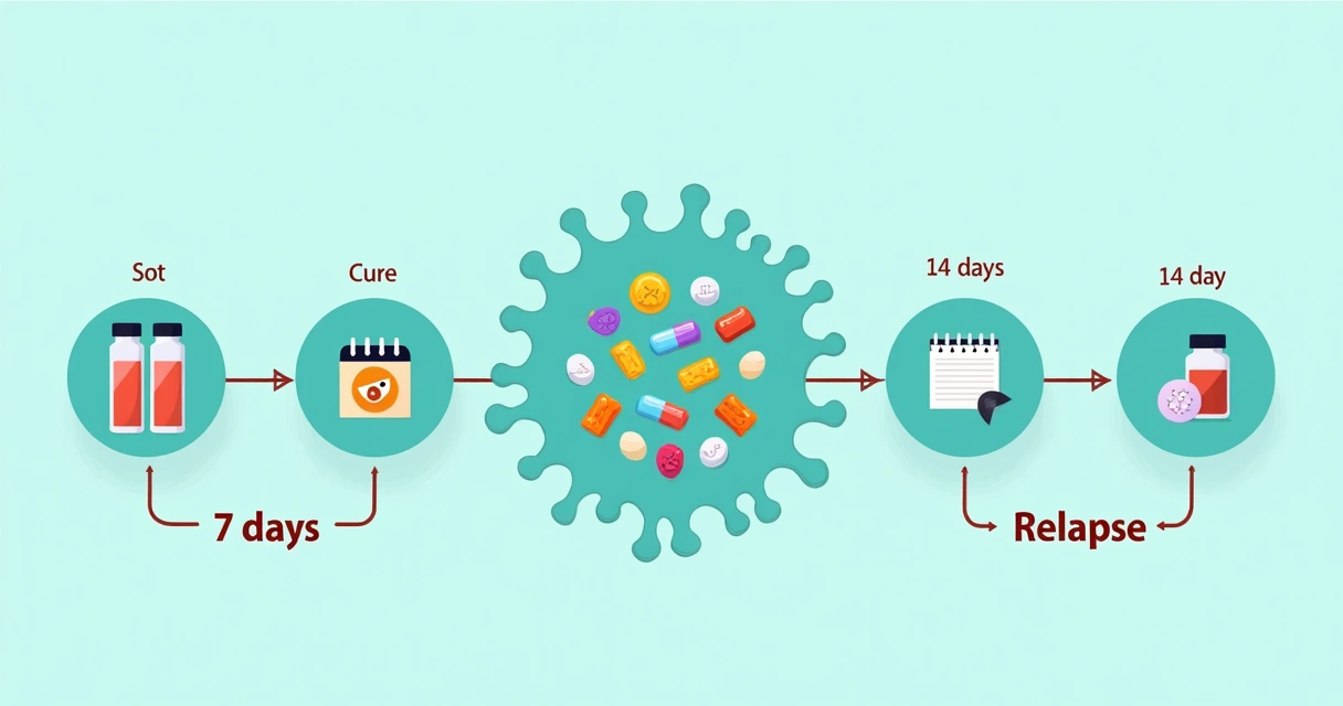 Duração ideal do tratamento para bacteremia por enterobacterales 1 Gráfico comparando duração do tratamento de infecção bacteriana, mostrando barras de 7 e 14 dias lado a lado, com recidiva e cura ilustradas.