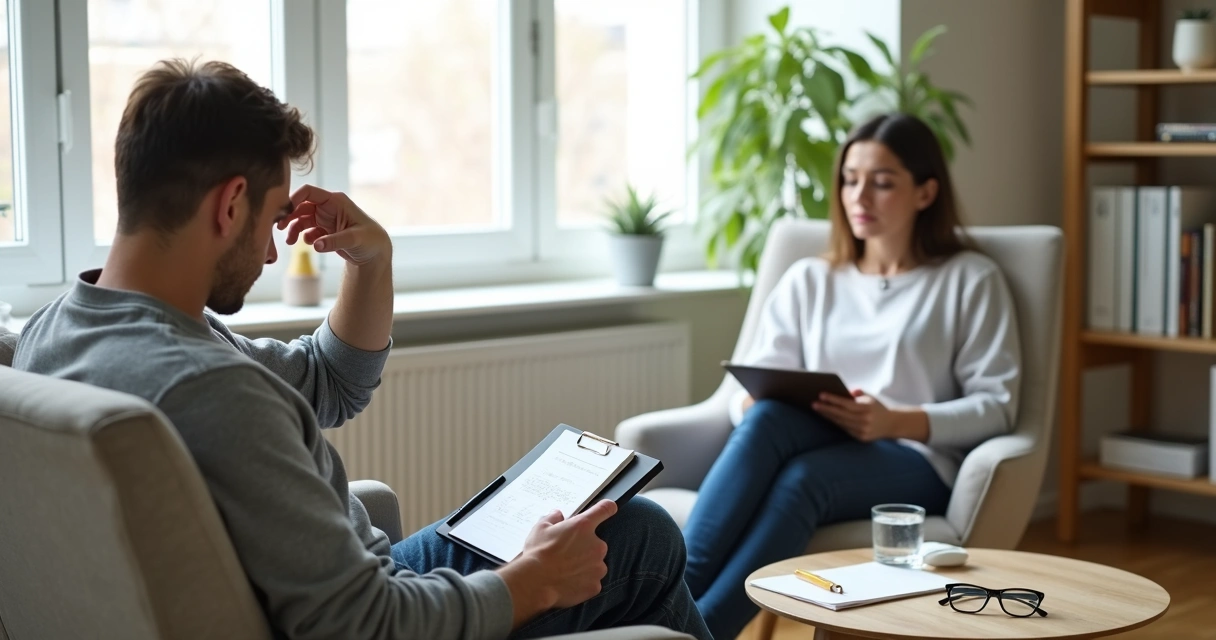 Pessoa exausta em consulta com psicólogo em consultório aconchegante 