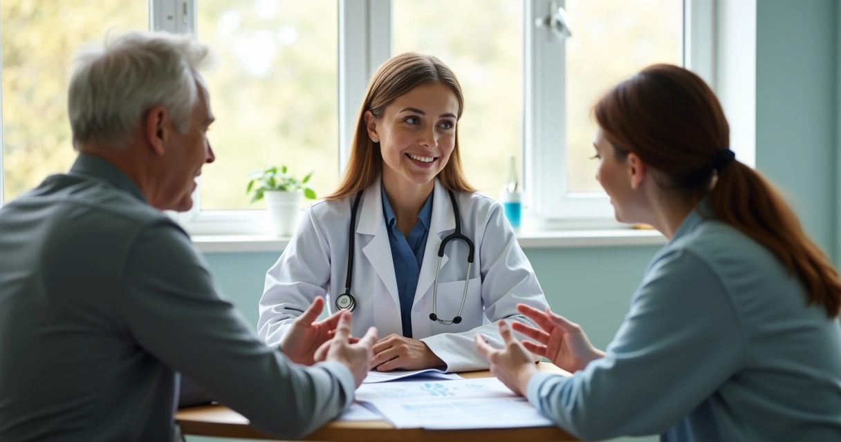 Médica explicando opções de tratamento para paciente e familiar 