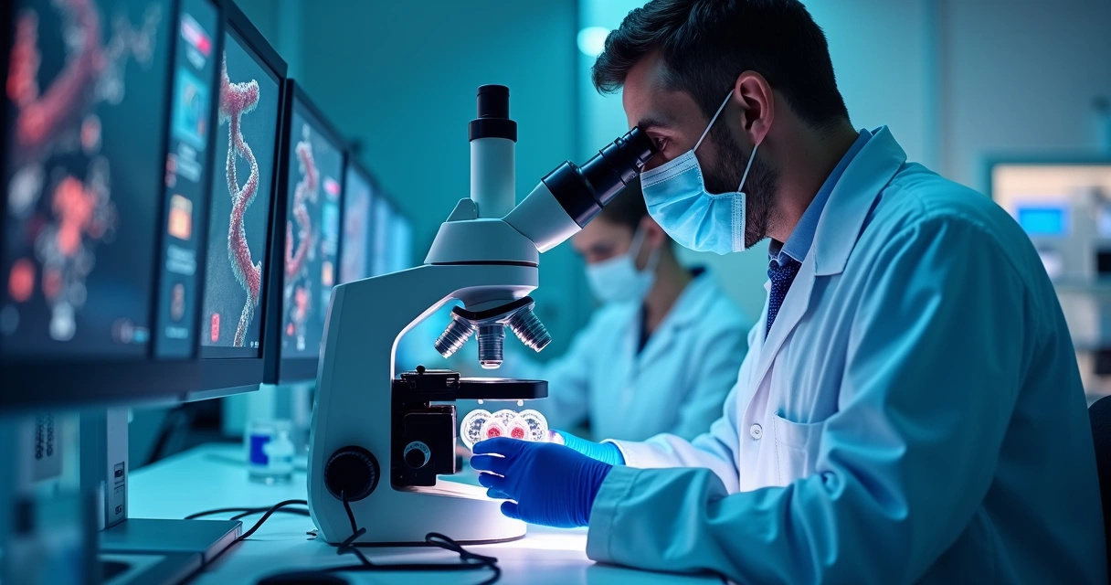 Pesquisadores analisando amostras de laboratório com equipamentos médicos e ilustrações de DNA 