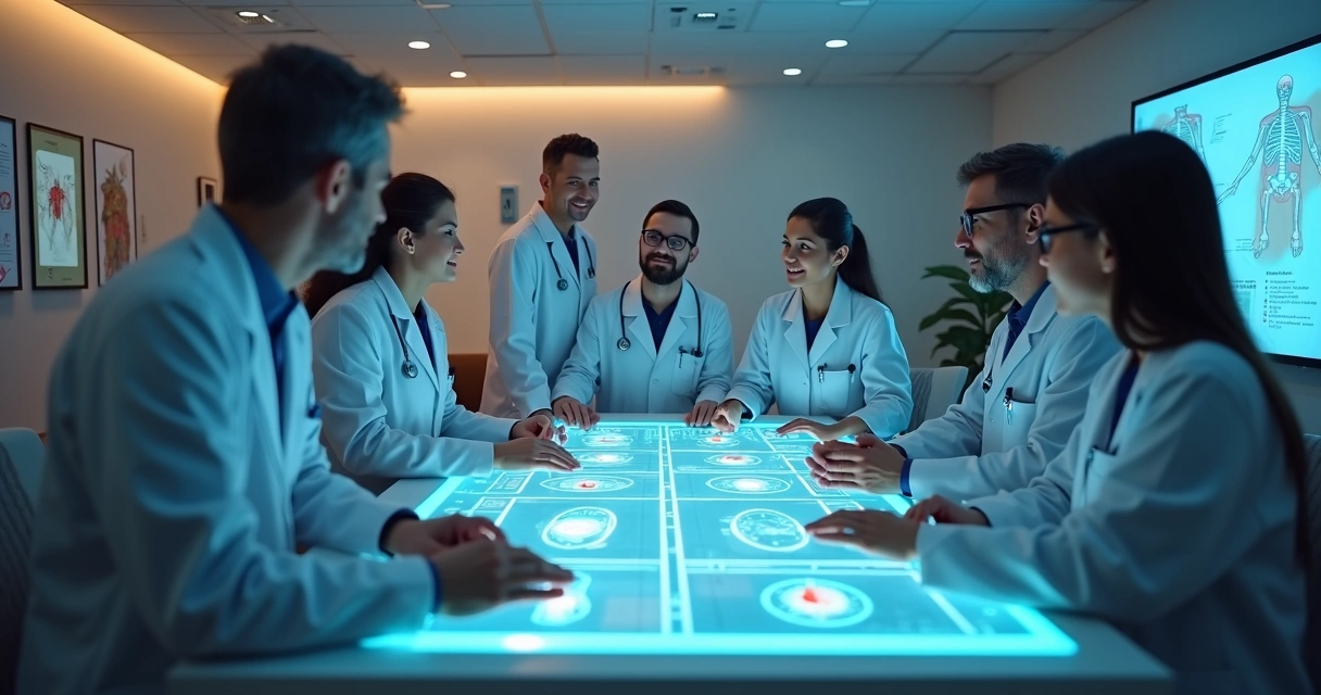 Equipe médica multidisciplinar em reunião, discutindo plano terapêutico para tratamento do câncer com imagens e dados em tela digital 