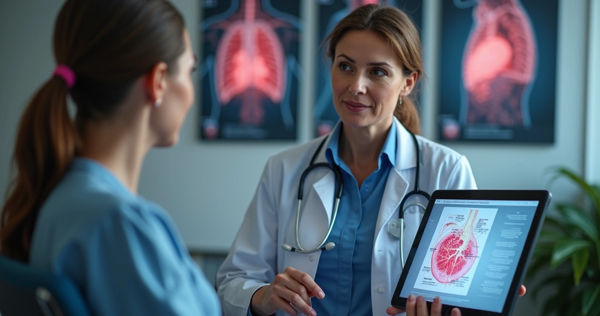 Médica explicando tratamento de câncer de mama avançado com gráficos