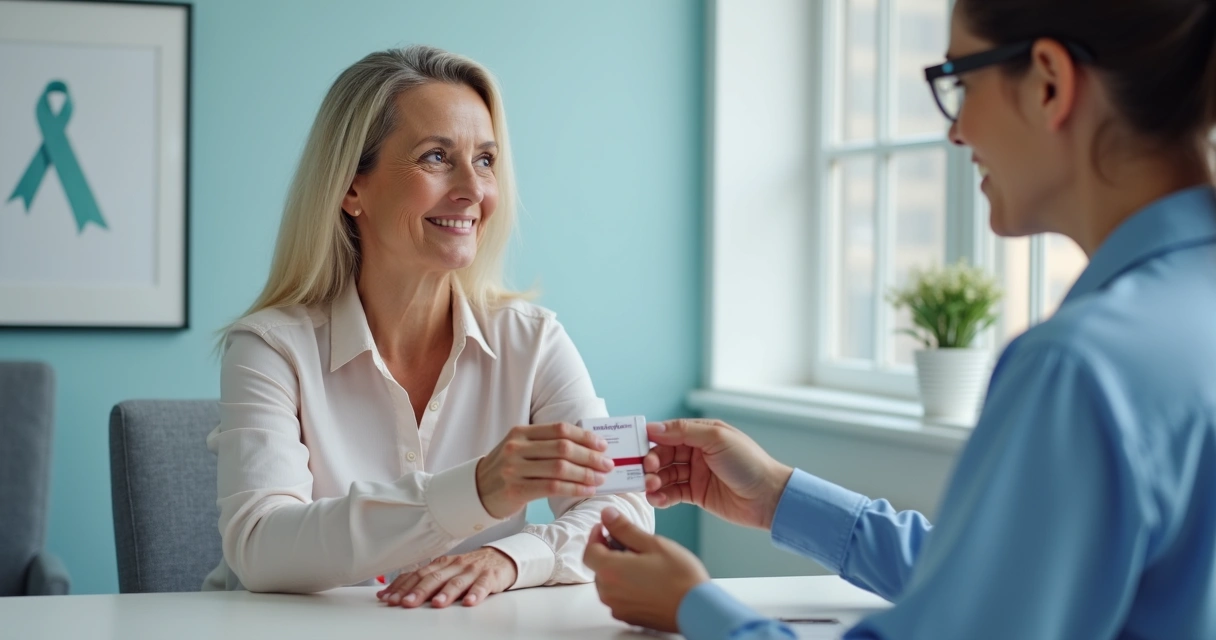 Mulher em clínica médica, sentada com expressão serena, enquanto médico lhe entrega caixa de medicamento 