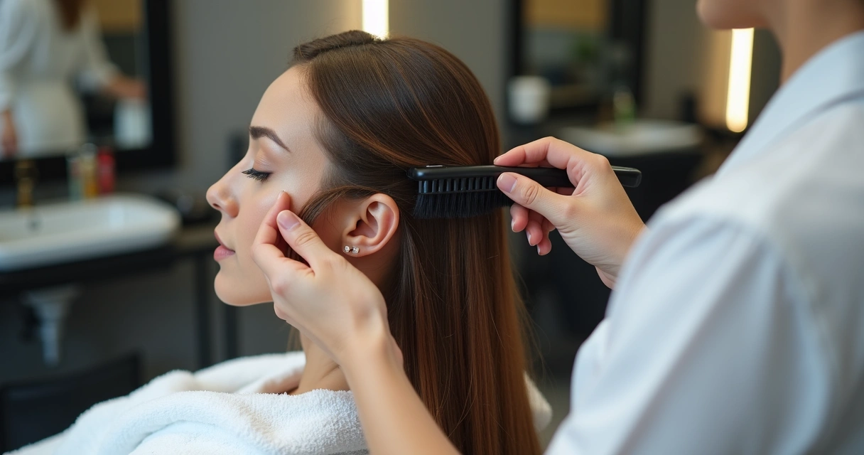 Profissional aplicando máscara de reconstrução capilar em cabelo danificado 