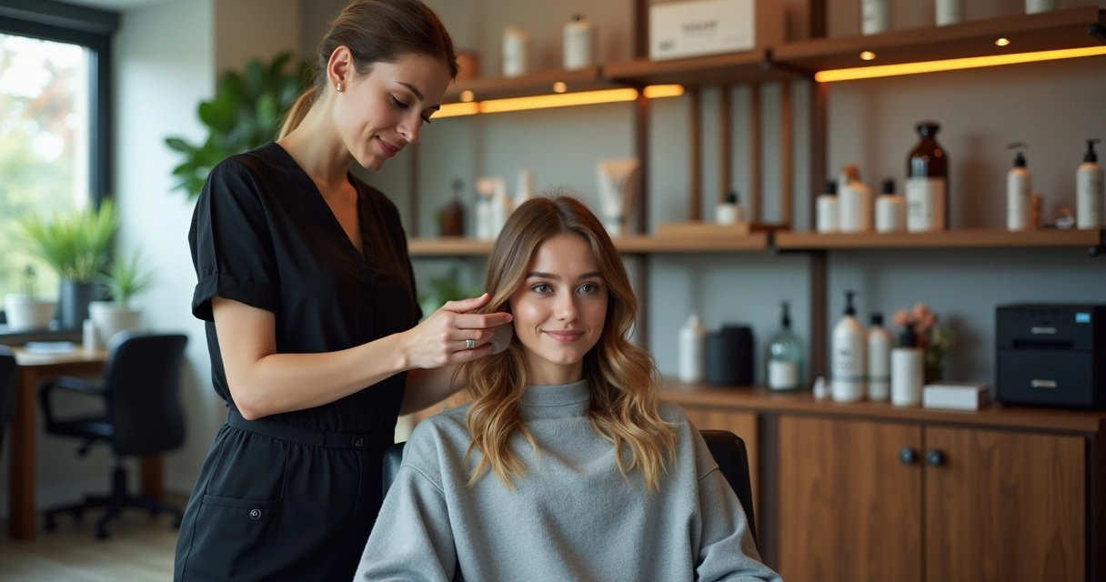 Profissional aplicando tratamento capilar em cliente em um salão de beleza moderno 