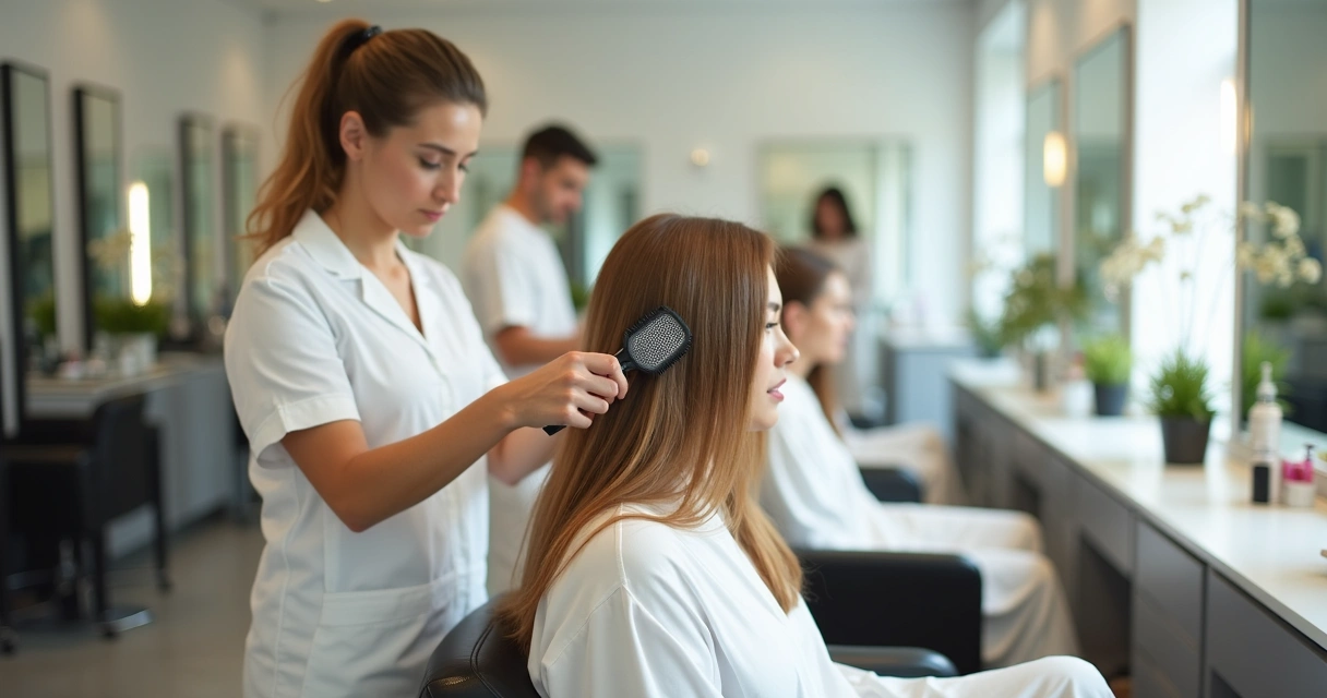 Profissional aplicando máscara de tratamento nos cabelos de uma cliente em salão 