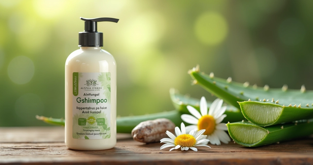 Frasco de shampoo manipulado com fórmula antifúngica ao lado de um couro cabeludo saudável, com fundo de planta medicinal e ingredientes naturais 