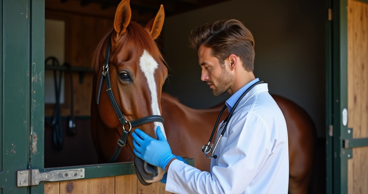 Veterinário examinando cavalo no estábulo