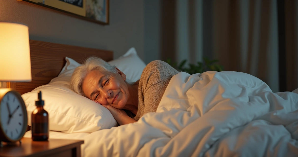 Pessoa idosa dormindo com expressão tranquila em ambiente aconchegante 
