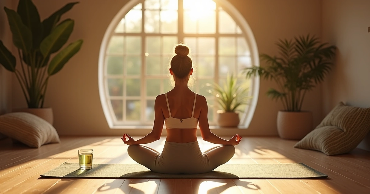 Pessoa relaxando em um ambiente calmo, praticando meditação e automassagem para alívio da dor de cabeça