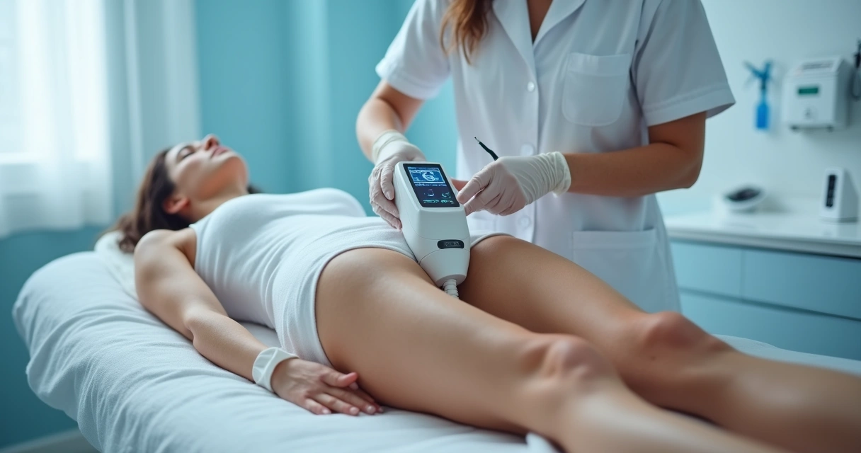Equipamento moderno de tratamento para celulite sendo utilizado em clínica 
