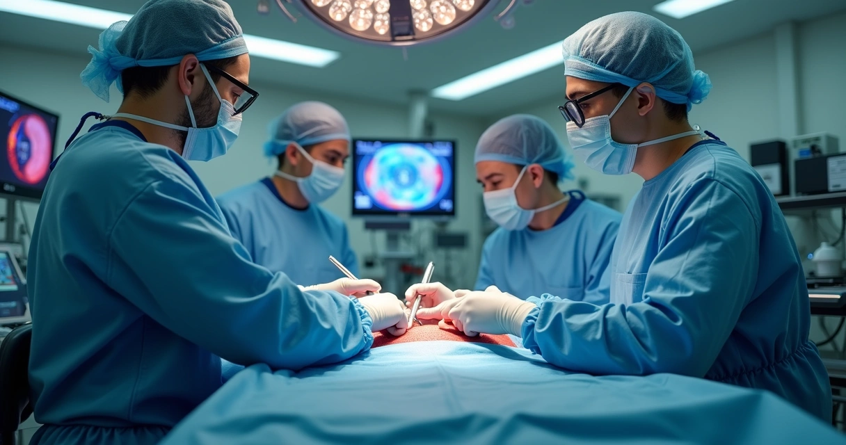 Equipe médica em cirurgia urológica moderna, foco no tratamento do rim 