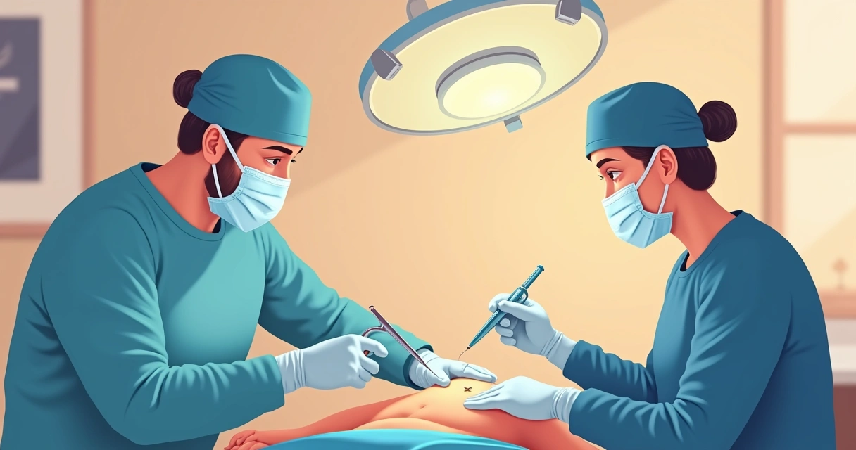 Infecções cutâneas por micobactérias não tuberculosas em imunocompetentes 3 Equipe médica durante cirurgia de lesão cutânea no antebraço, com material cirúrgico e foco no braço do paciente