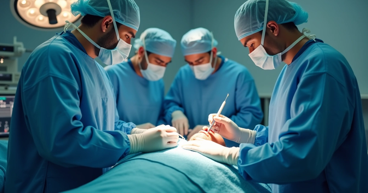 Sala cirúrgica mostrando equipe médica tratando doença de Peyronie