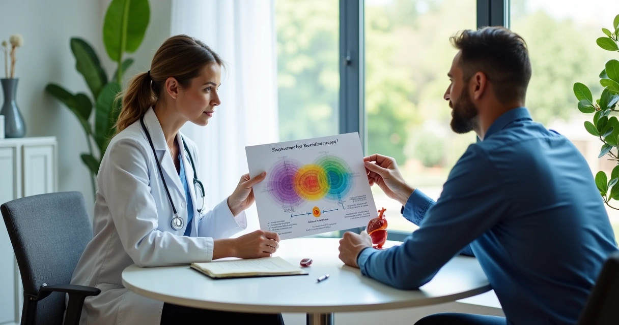 Médica explicando tratamento combinado de câncer para paciente 