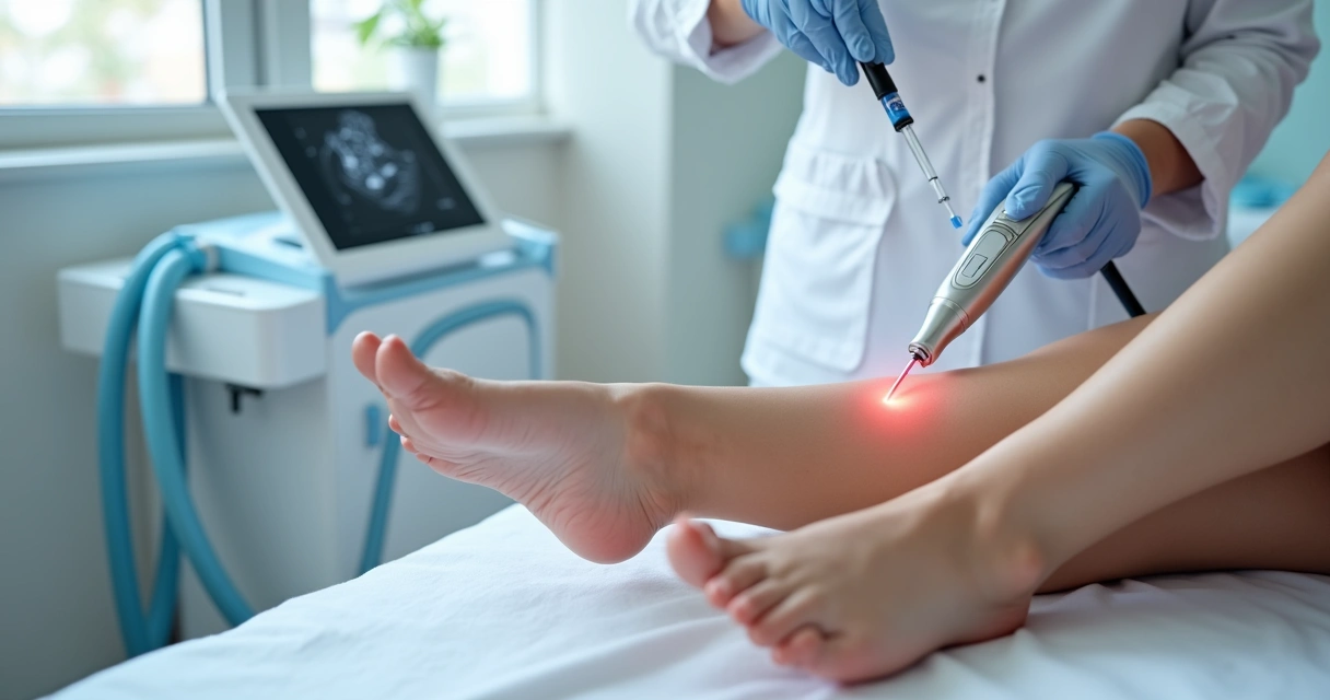 Médico aplicando laser e escleroterapia nas pernas com varizes em consultório moderno 