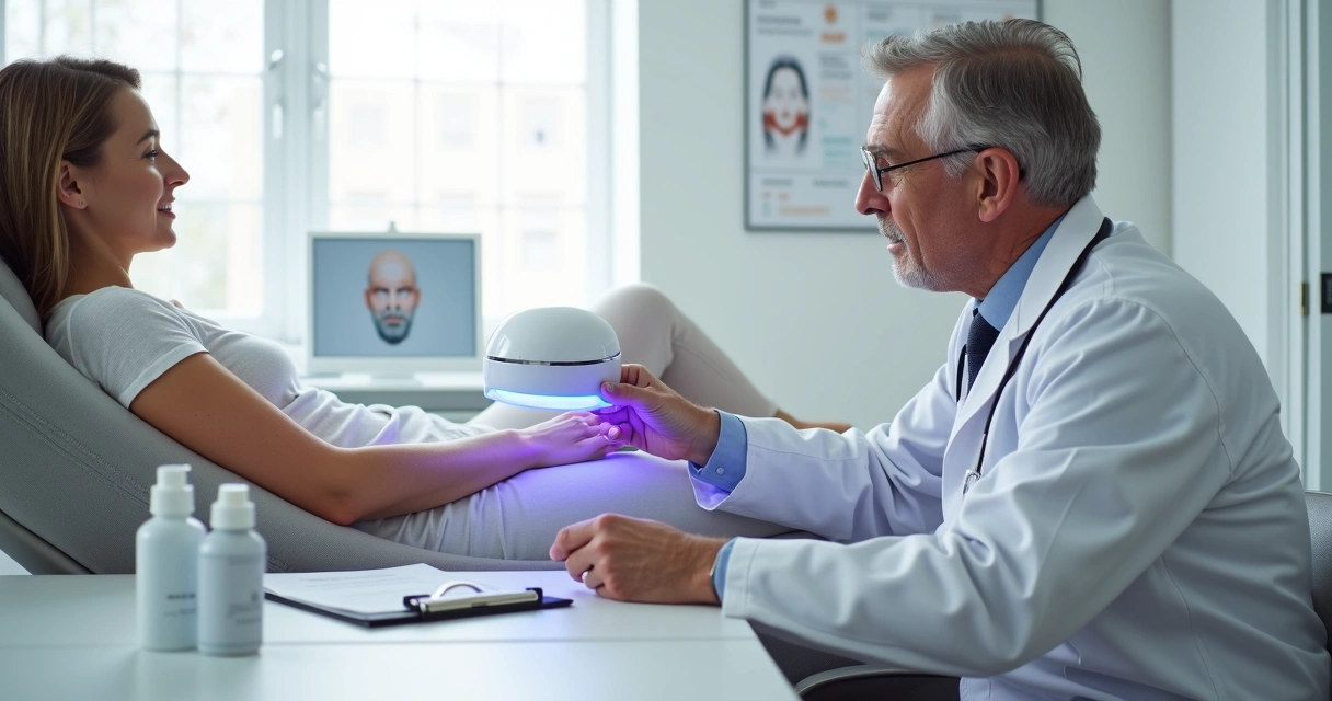 Dermatologista aplicando fototerapia em paciente com vitiligo enquanto avalia pomada tópica em consultório moderno 
