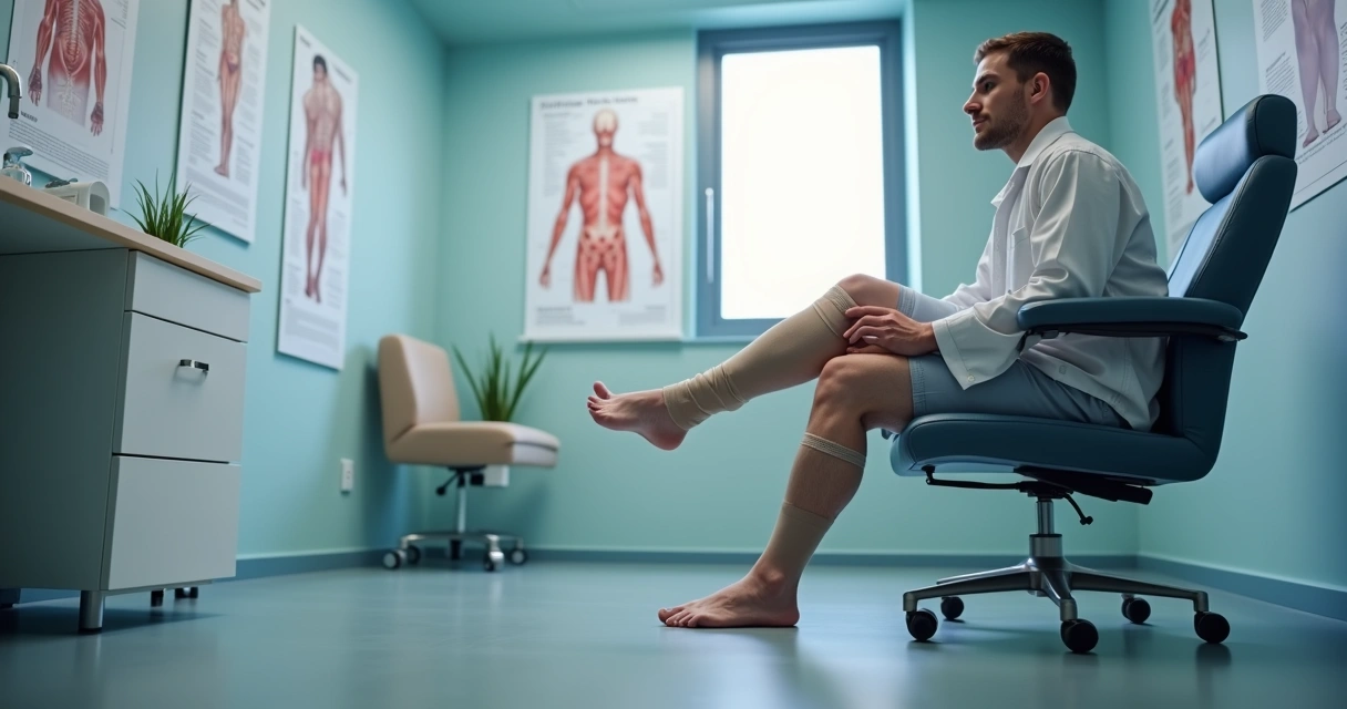 Paciente com meia elástica mostrando pernas sem inchaço em ambiente clínico 