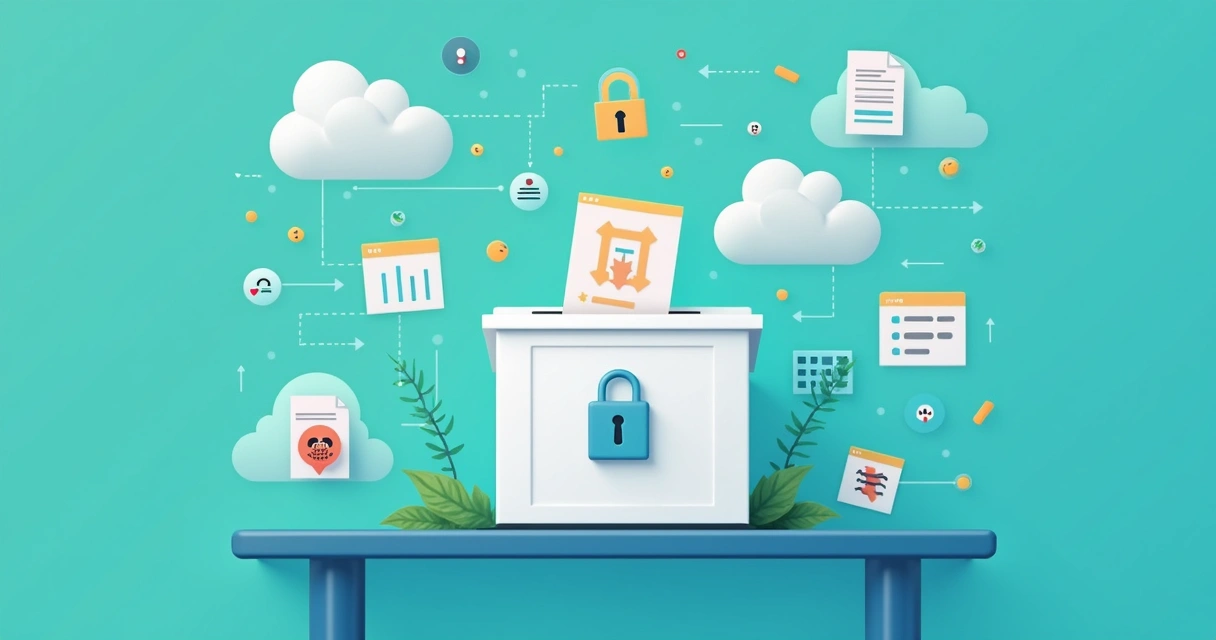 Ilustração de dados eleitorais protegidos com cadeado digital e ícones de privacidade e urna eletrônica