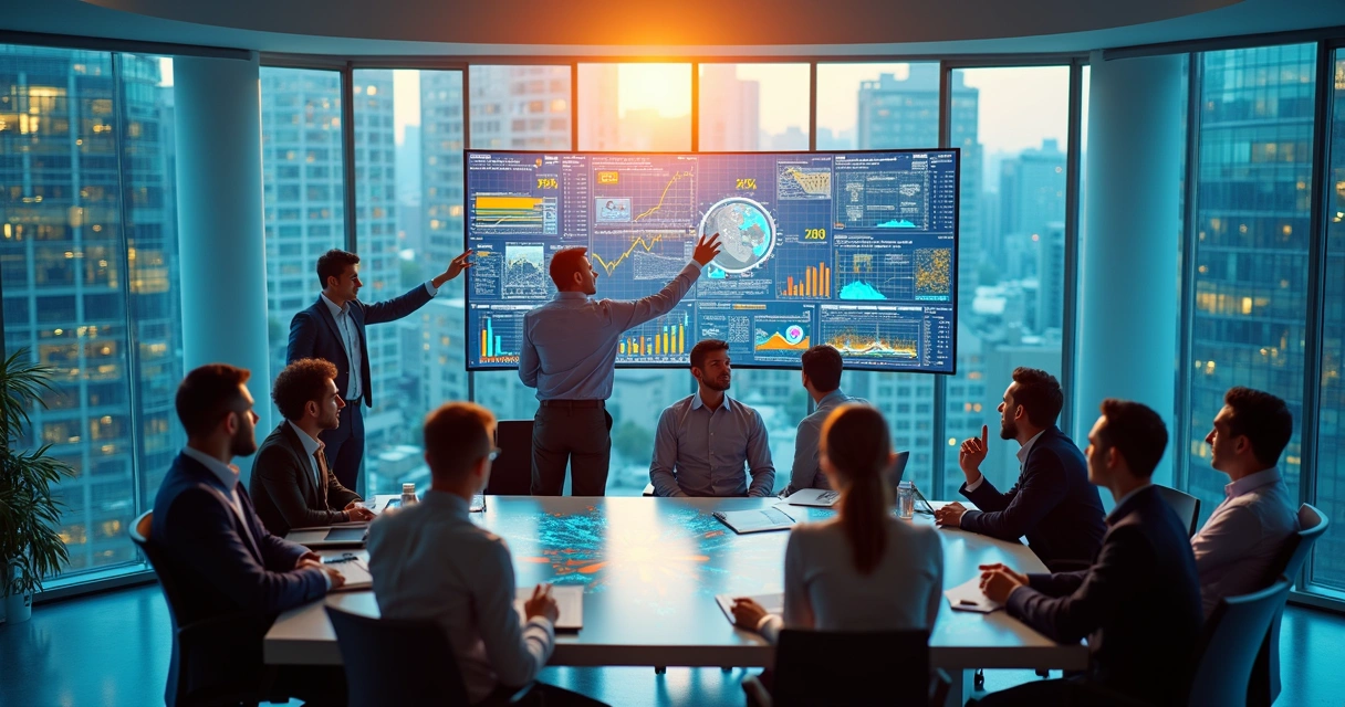 Profissionais analisando dados em grandes telas 