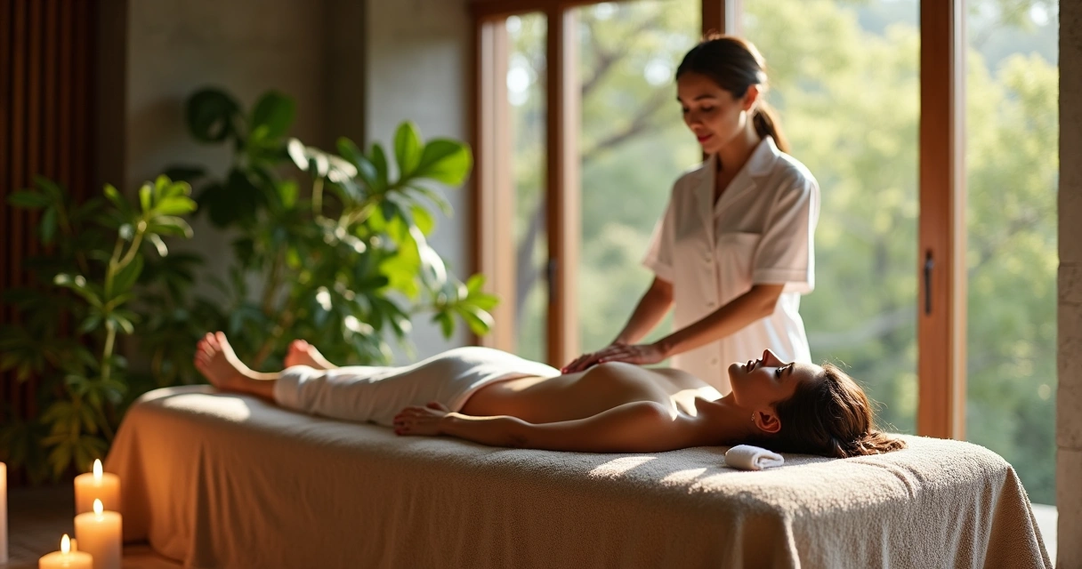 Mulher recebendo massagem relaxante cercada por plantas e arquitetura moderna