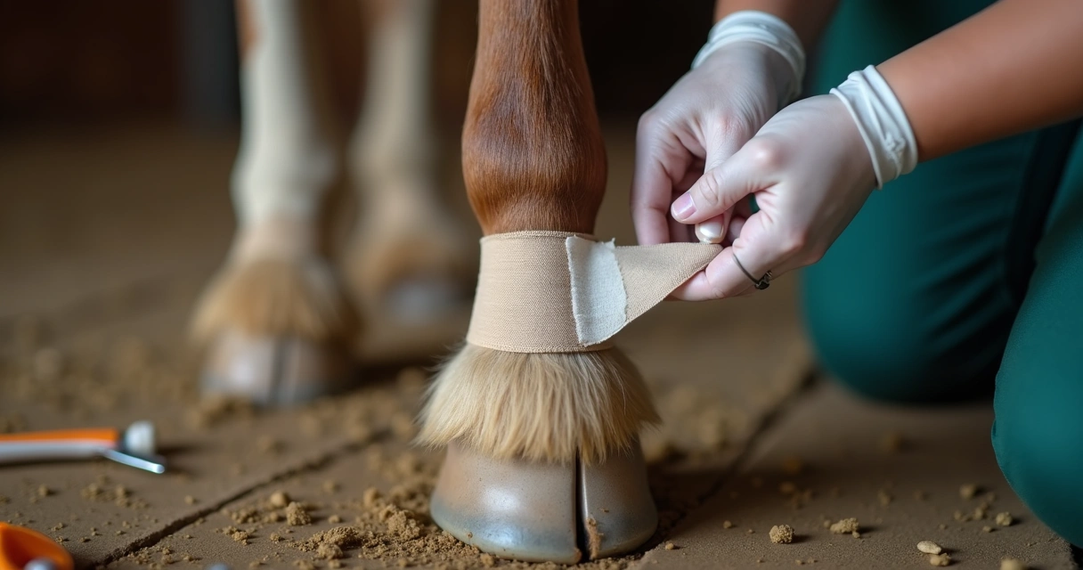 Aplicação de curativo em casco de cavalo 