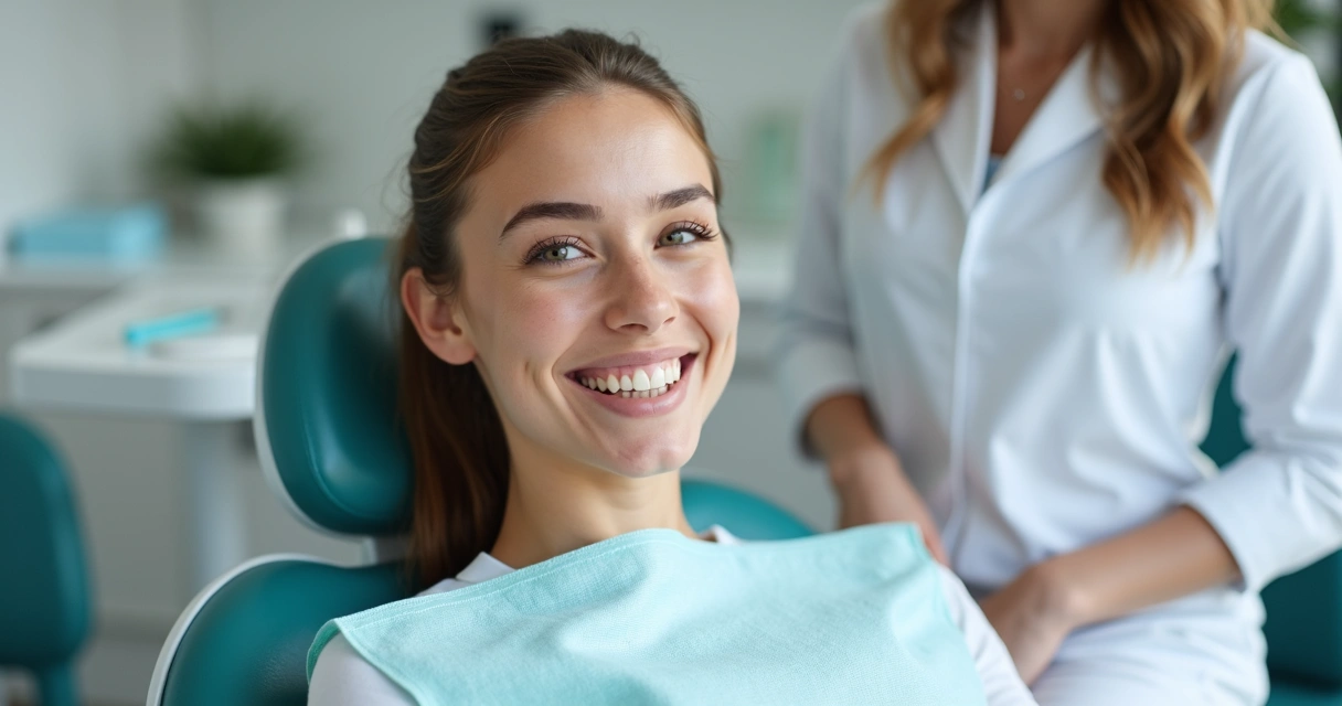 Paciente sorridente em consultório odontológico após tratamento estético 