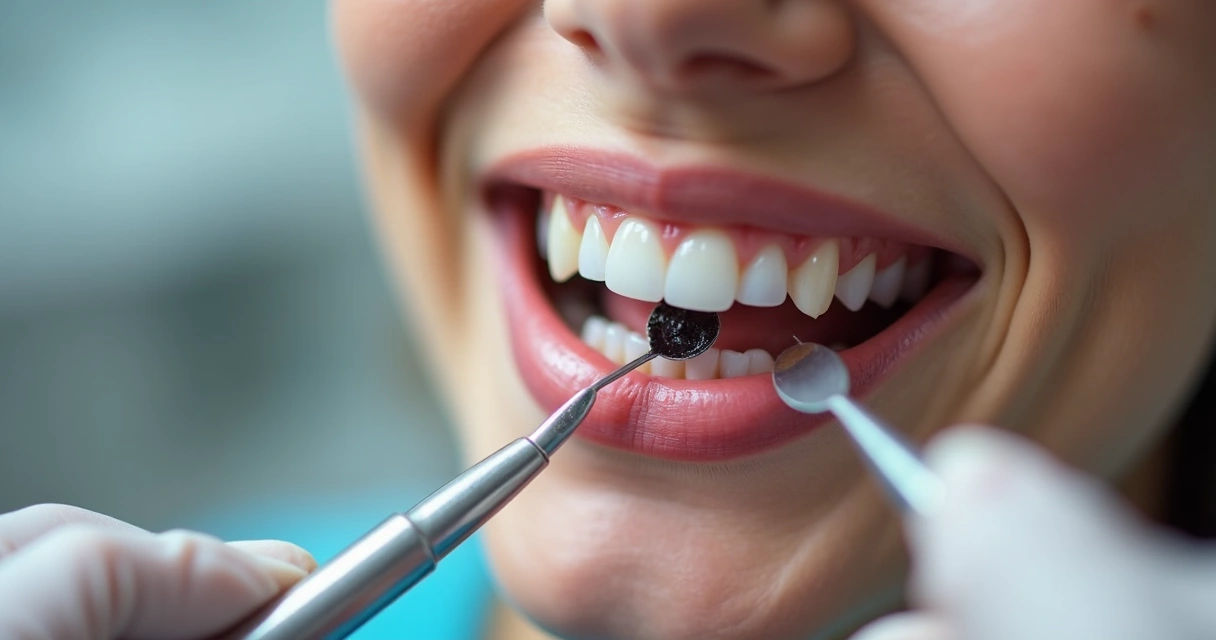 Close-up de boca mostrando dente escurecido sendo analisado com espelho odontológico 