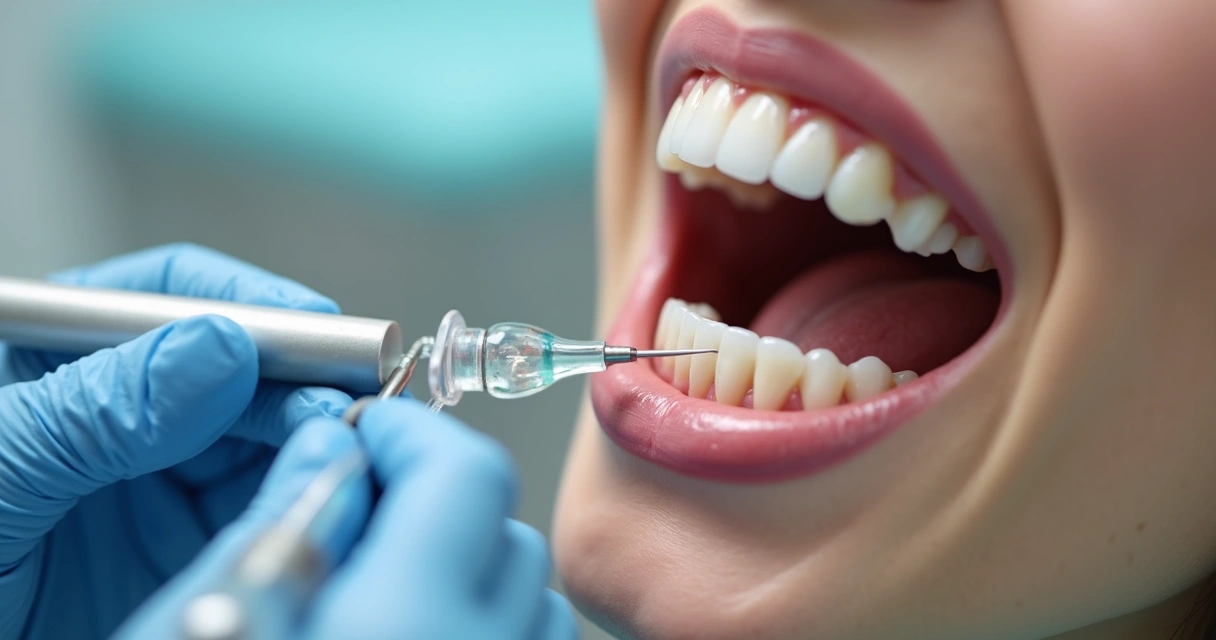 Dentista aplica agente dessensibilizante em dente de paciente adulto 