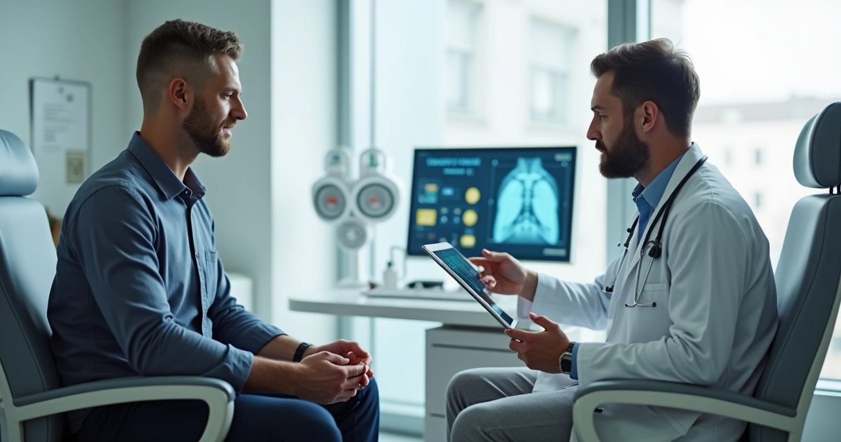 Homem sentado em consulta médica, conversando com profissional de saúde