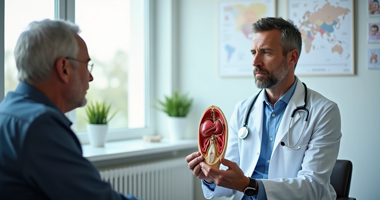 Homem de meia-idade sentado em consultório médico, conversa com urologista que mostra um modelo anatômico de pênis 