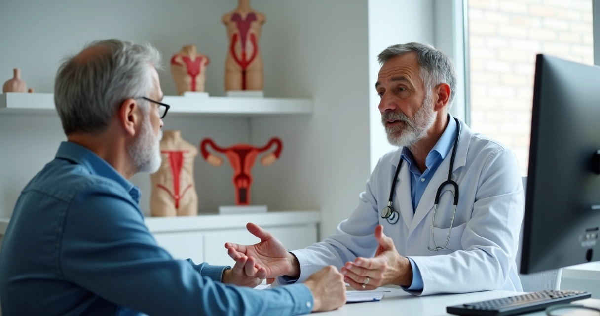 Médico conversando com paciente em consultório de urologia sobre tratamento para disfunção erétil