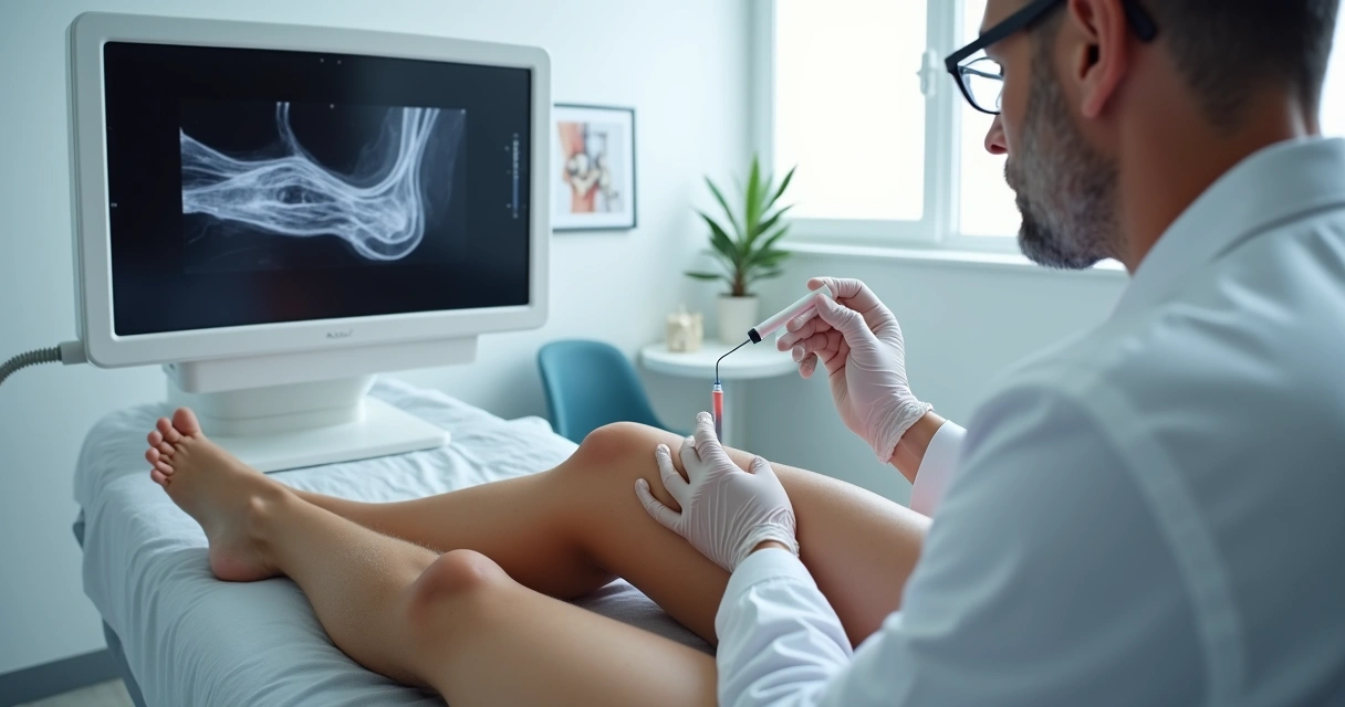 Médico realizando infiltração guiada por ultrassom no joelho de paciente em consultório moderno 