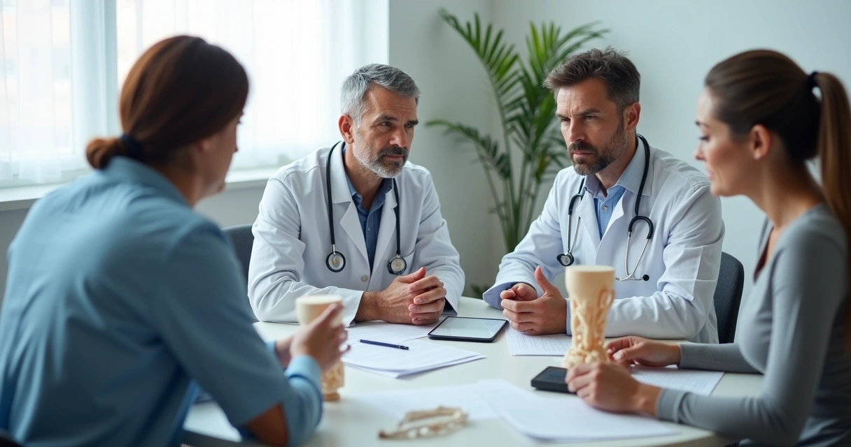 Equipe multidisciplinar discutindo plano de cuidado ortopédico 
