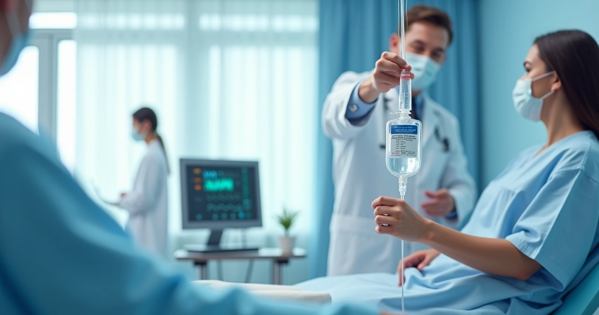 Aspectos clínicos da endocardite fúngica em usuários de drogas 3 Profissional de saúde administrando antifúngico em paciente com acesso venoso, foco em medicamentos e monitor multiparamétrico