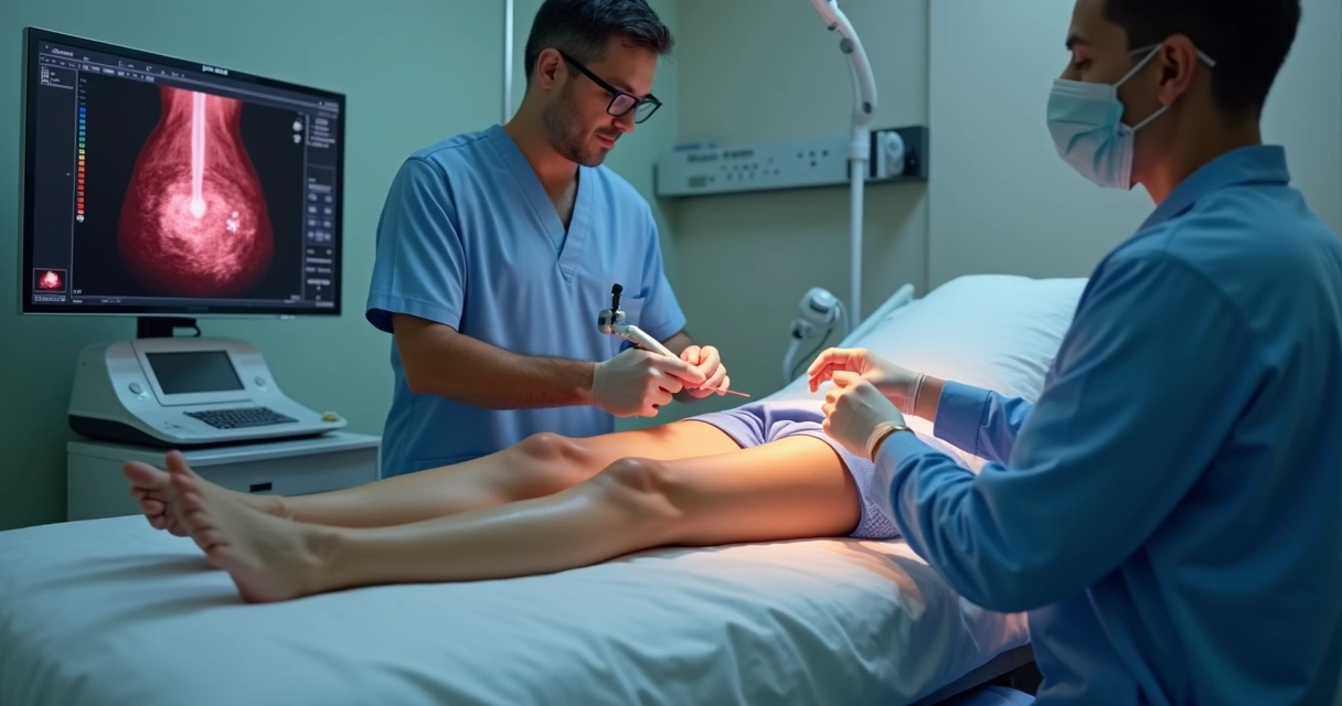 Aplicação de endolaser nas pernas com profissional guiando ultrassom