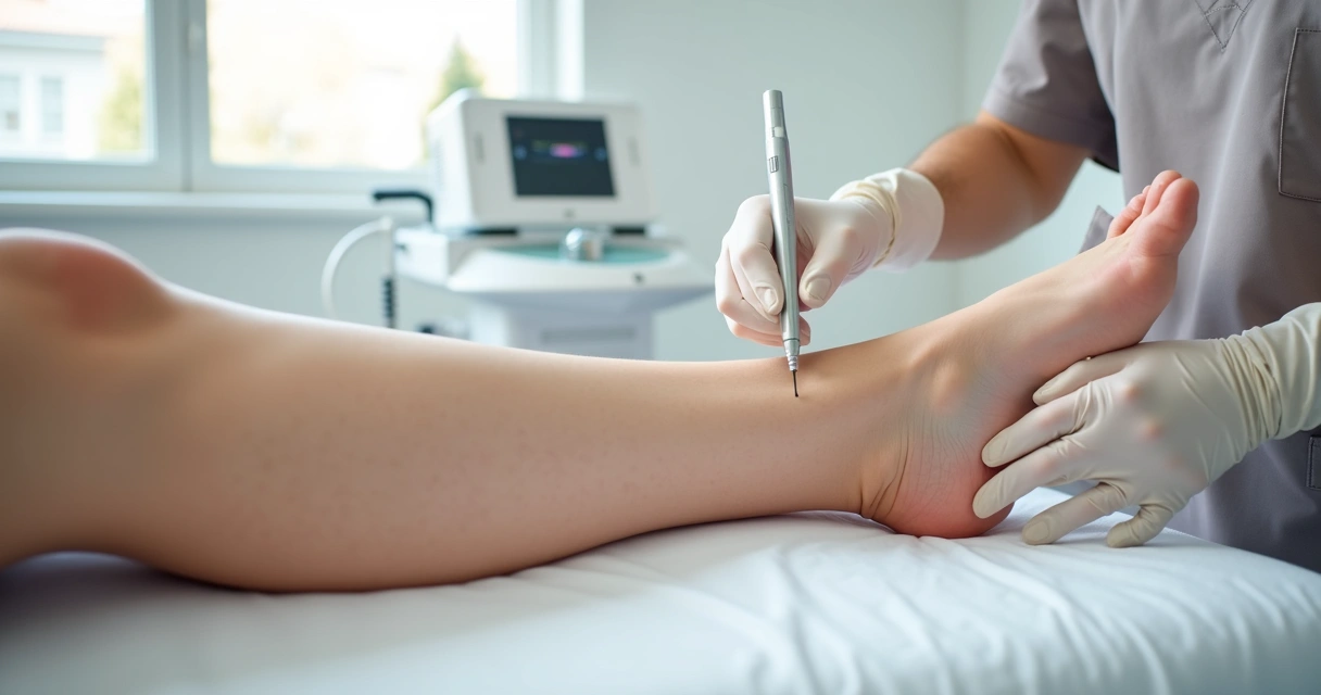 Médico aplicando endolaser nas pernas de paciente em clínica moderna 