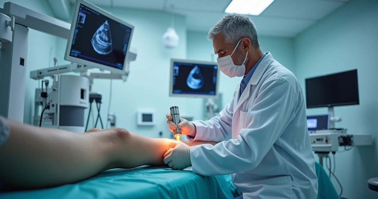 Equipamento médico de endolaser sendo utilizado em uma clínica vascular em Salvador